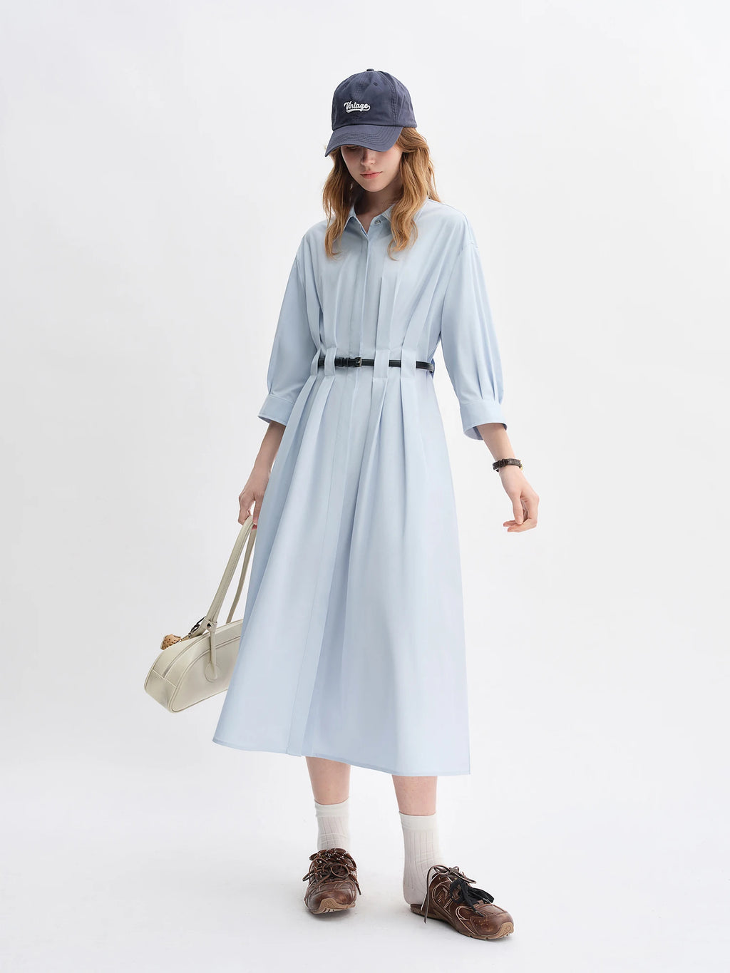 DUSHU Women's Shirt Dress Autumn 2025 New Vertical Striped Pleated Design Pear-shaped Mid-length Dress with Belt 25DS83125
