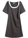 DUSHU 2025 Summer Plus Size Women's Contrast Layered Dress - Adjustable Waist Unique Design Slimming Casual Maxi Outfit