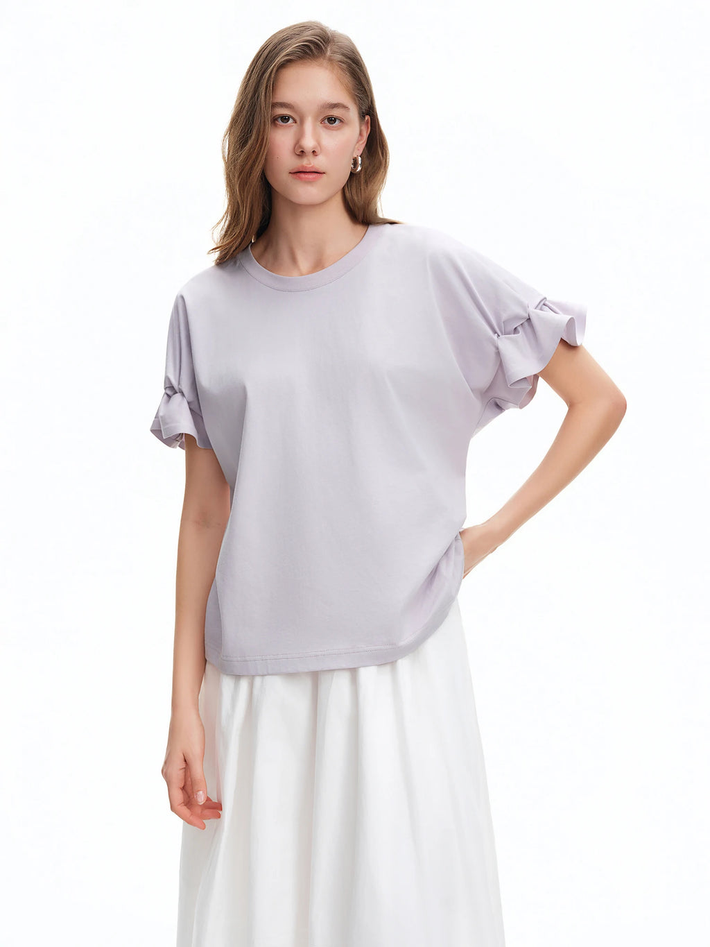 DUSHU 2026 Summer Women's Tuck Detail Cotton T-Shirt - Casual Comfort Fit Top for Daily Wear and Summer Outings