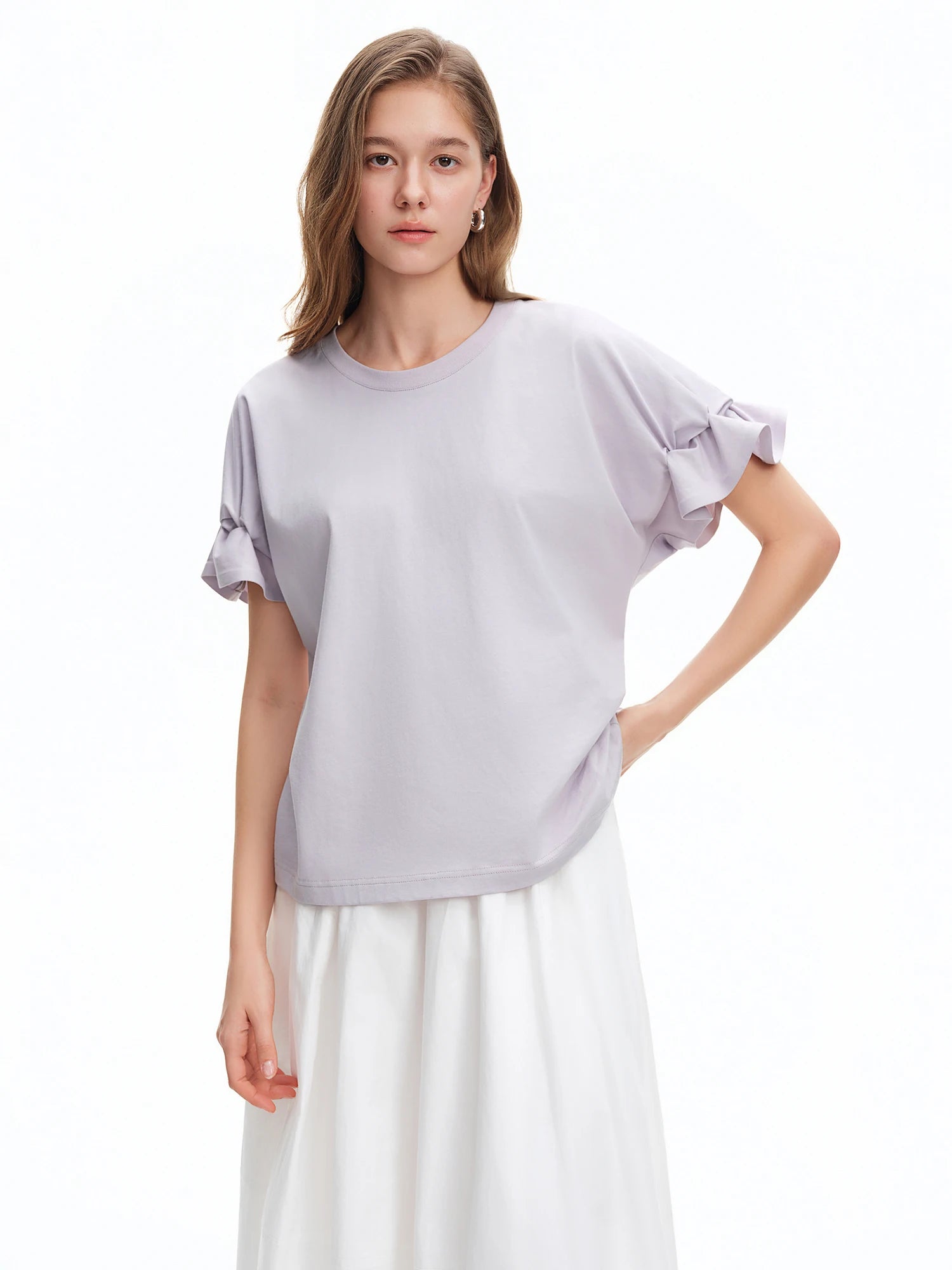 DUSHU 2026 Summer Women's Tuck Detail Cotton T-Shirt - Casual Comfort Fit Top for Daily Wear and Summer Outings