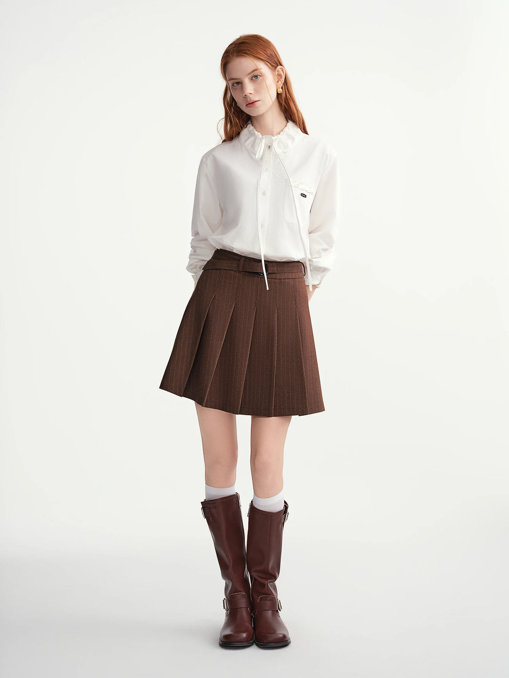 DUSHU Plus-Size Women's Dark Stripe Pleated Skirt with Fabric Belt Fall-Winter 2025 New Arrival A-Line Mini Skirt Brown Skirts