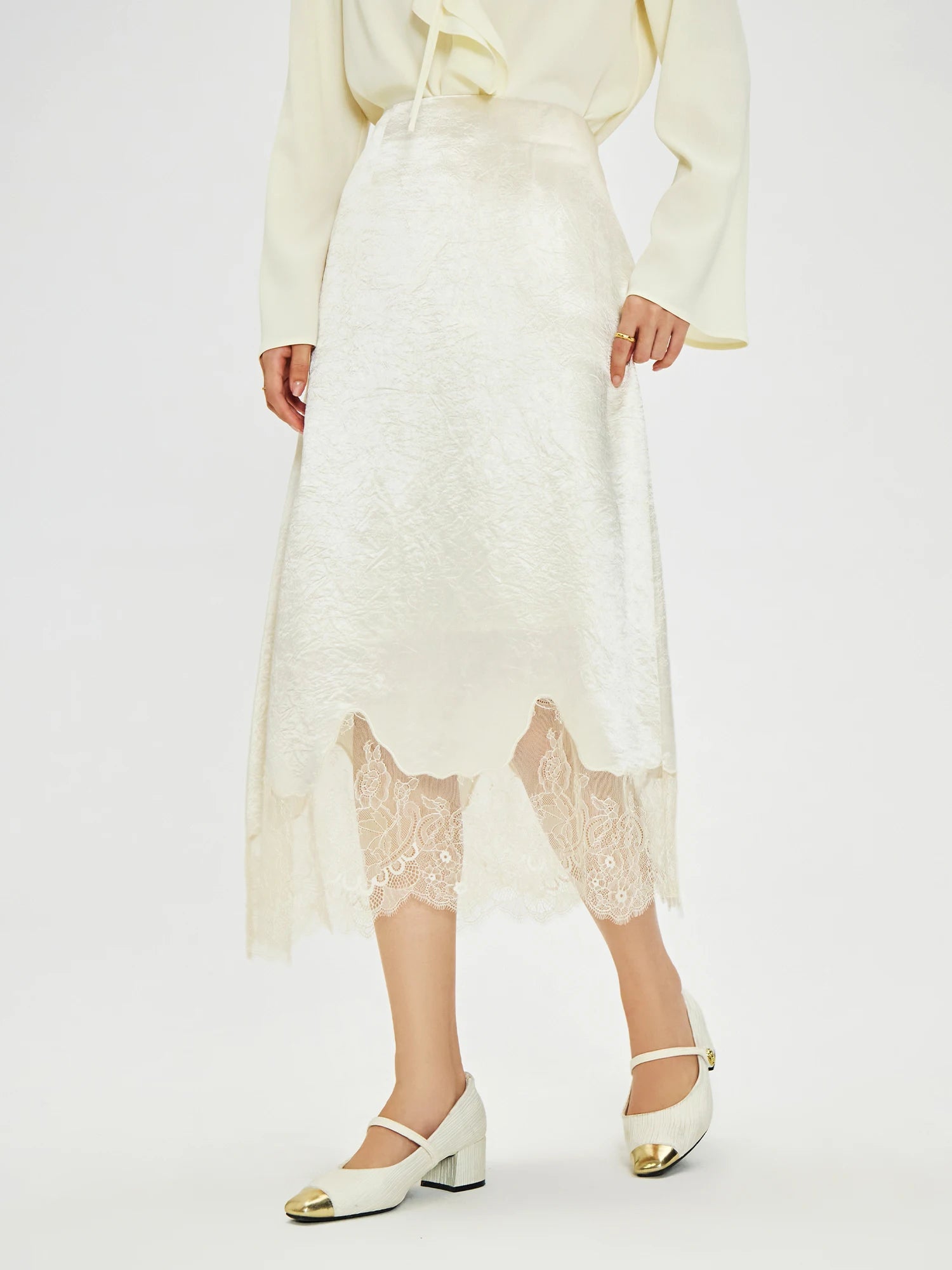 DUSHU Women's Fashion Unique Design Lace Patchwork Skirt 2024 Autumn New High Waist Elegant White Skirt For Female 24DH83008