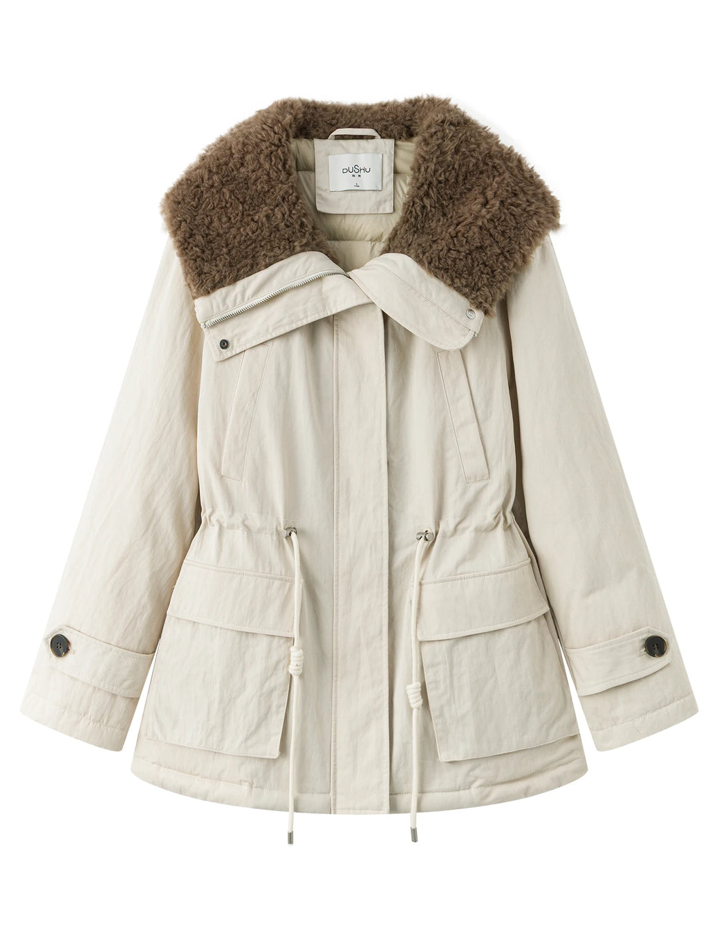 DUSHU Plus Size 2025 Winter Women's Short Puffer Coat Faux Shearling Collar Parka Down Jacket Warm Thermal Bomber Outerwear
