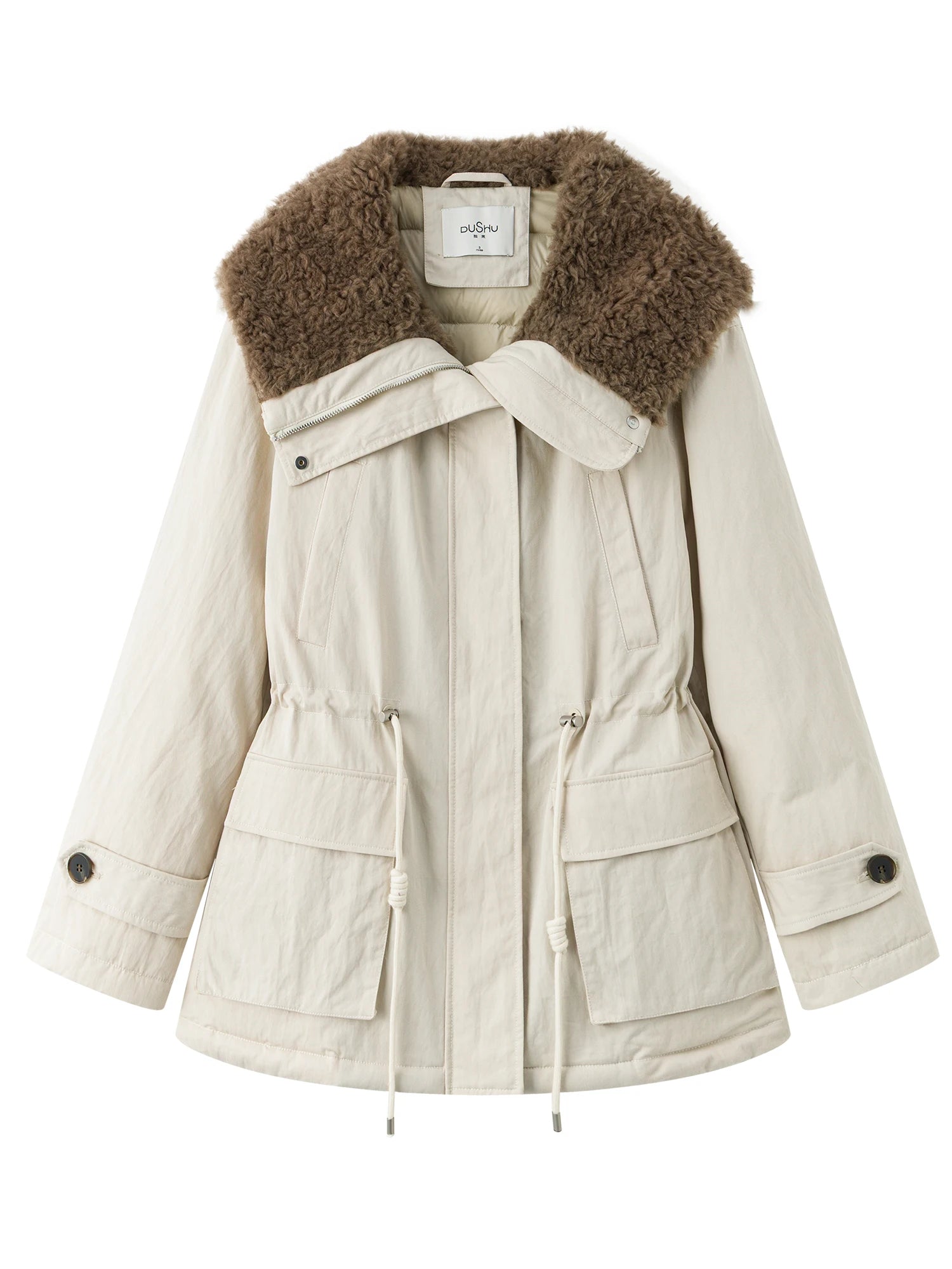 DUSHU Plus Size 2025 Winter Women's Short Puffer Coat Faux Shearling Collar Parka Down Jacket Warm Thermal Bomber Outerwear