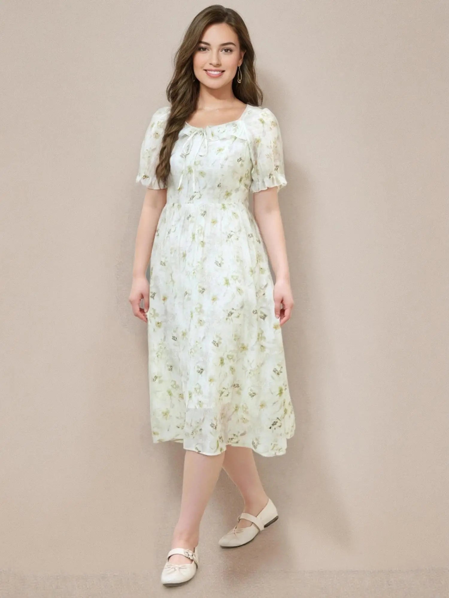 DUSHU Plus Size Floral Tiered Dress 2025 Summer French Style Square Neck Slimming Fit Waist-Defining Resort Casual Elegant Maxi