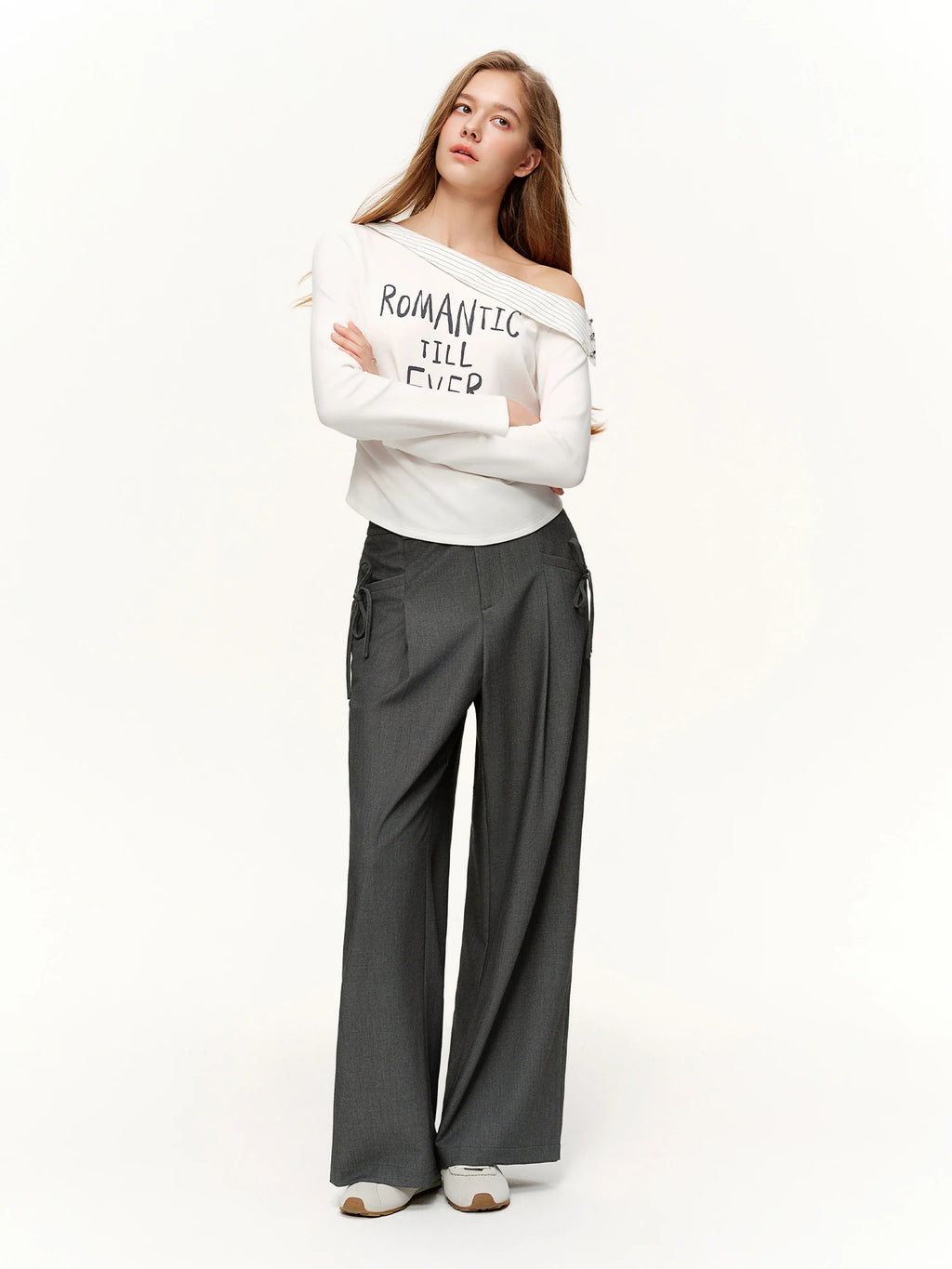 DUSHU 2026 Spring Women's Asymmetric Shoulder Stripe Neck Long Sleeve T-Shirt - Letter Print Casual Top for Daily Wear