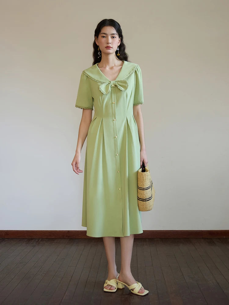 DUSHU 【2 Colors】Sweet Peter Pan Collar Design Women Single Breasted Dress Green Short Sleeve Mid-Calf A-LINE Skirt 24DS82275