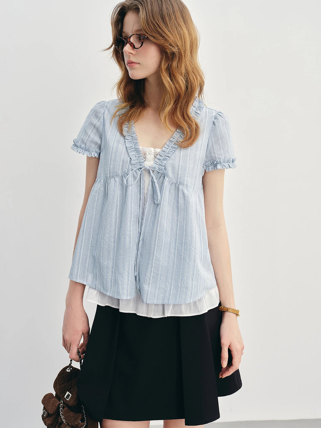 DUSHU Ruffled Fake Two-piece Shirt 2025 Summer New Striped Blue Top Shirt 25DS88015