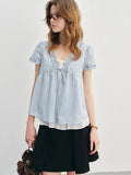 DUSHU Ruffled Fake Two-piece Shirt 2025 Summer New Striped Blue Top Shirt 25DS88015