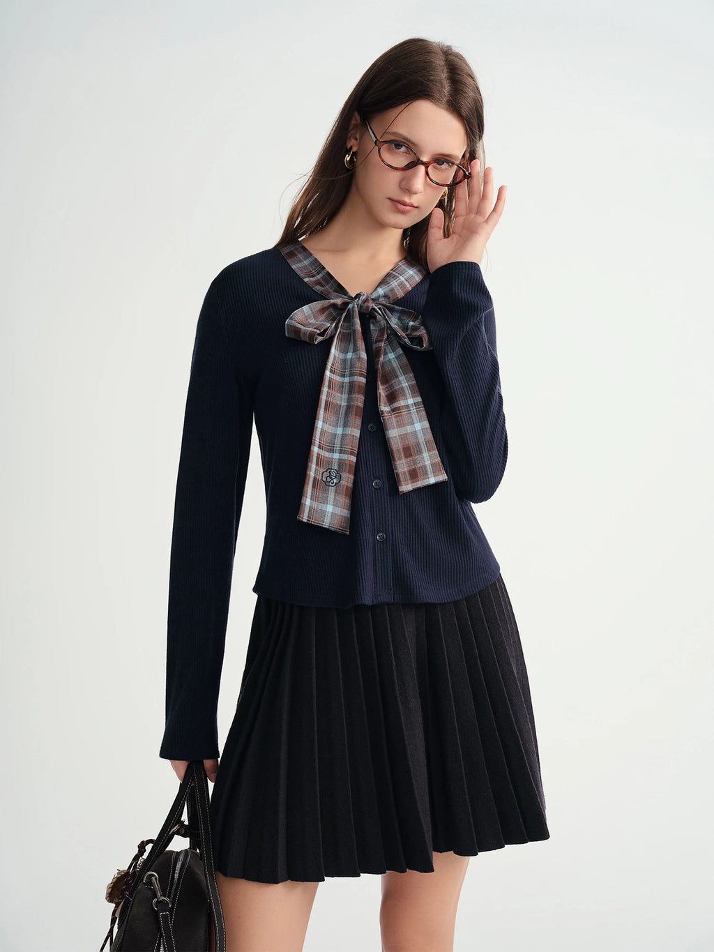 DUSHU Autumn Winter 2025 Women's Plaid Mock Layer Knit Cardigan - Tartan Print Tie Collar Casual Coatigan Versatile Top