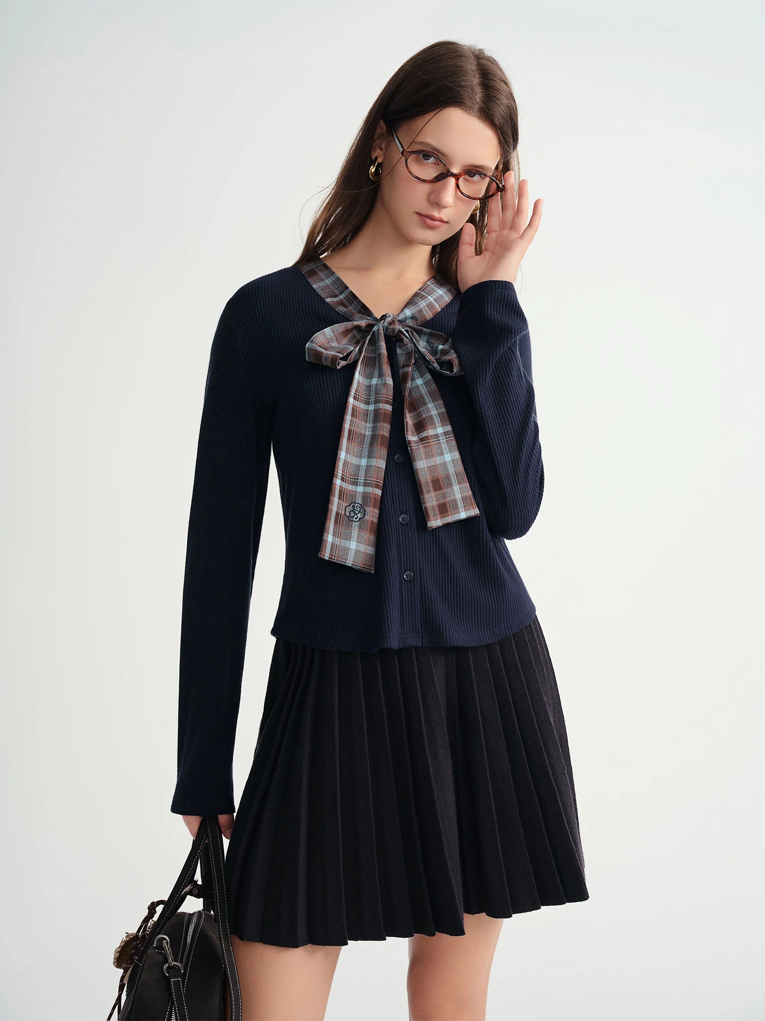 DUSHU Autumn Winter 2025 Women's Plaid Mock Layer Knit Cardigan - Tartan Print Tie Collar Casual Coatigan Versatile Top
