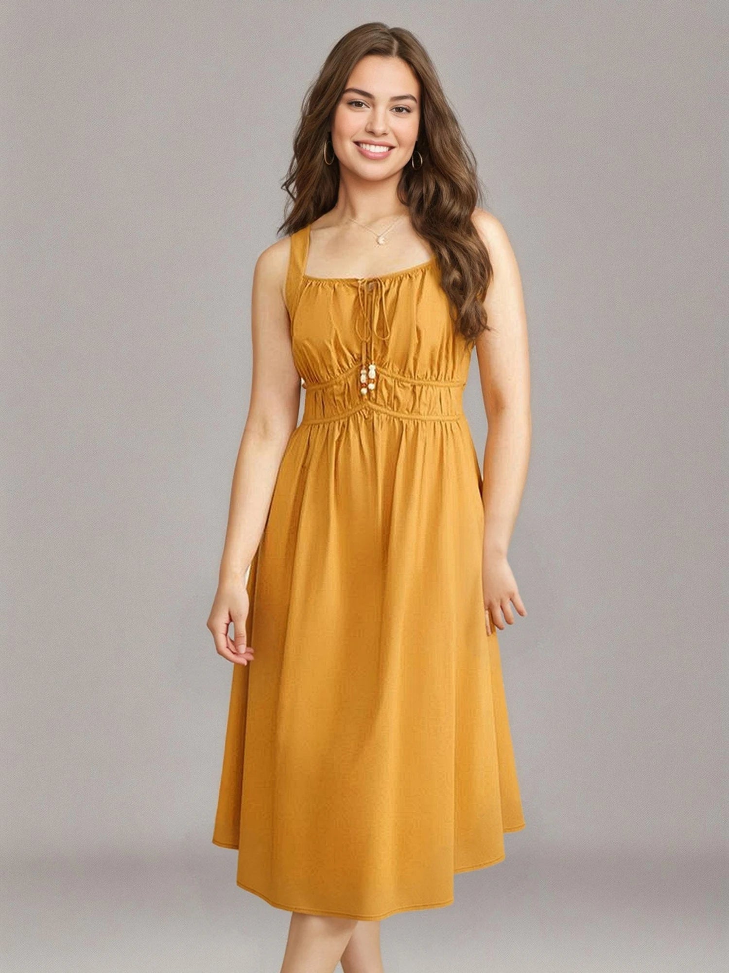 DUSHU French Style Beaded Strappy Suspender Dress For Women 2025 Spring Summer Pear-shaped Fresh Sleeveless Long Skirt 25DS81213