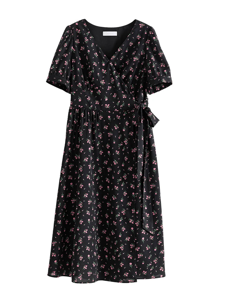DUSHU French Dress Summer 2024 New Elegant Refreshing Floral Dress Black White Wave Point Women Boho Dresses 24DS82437