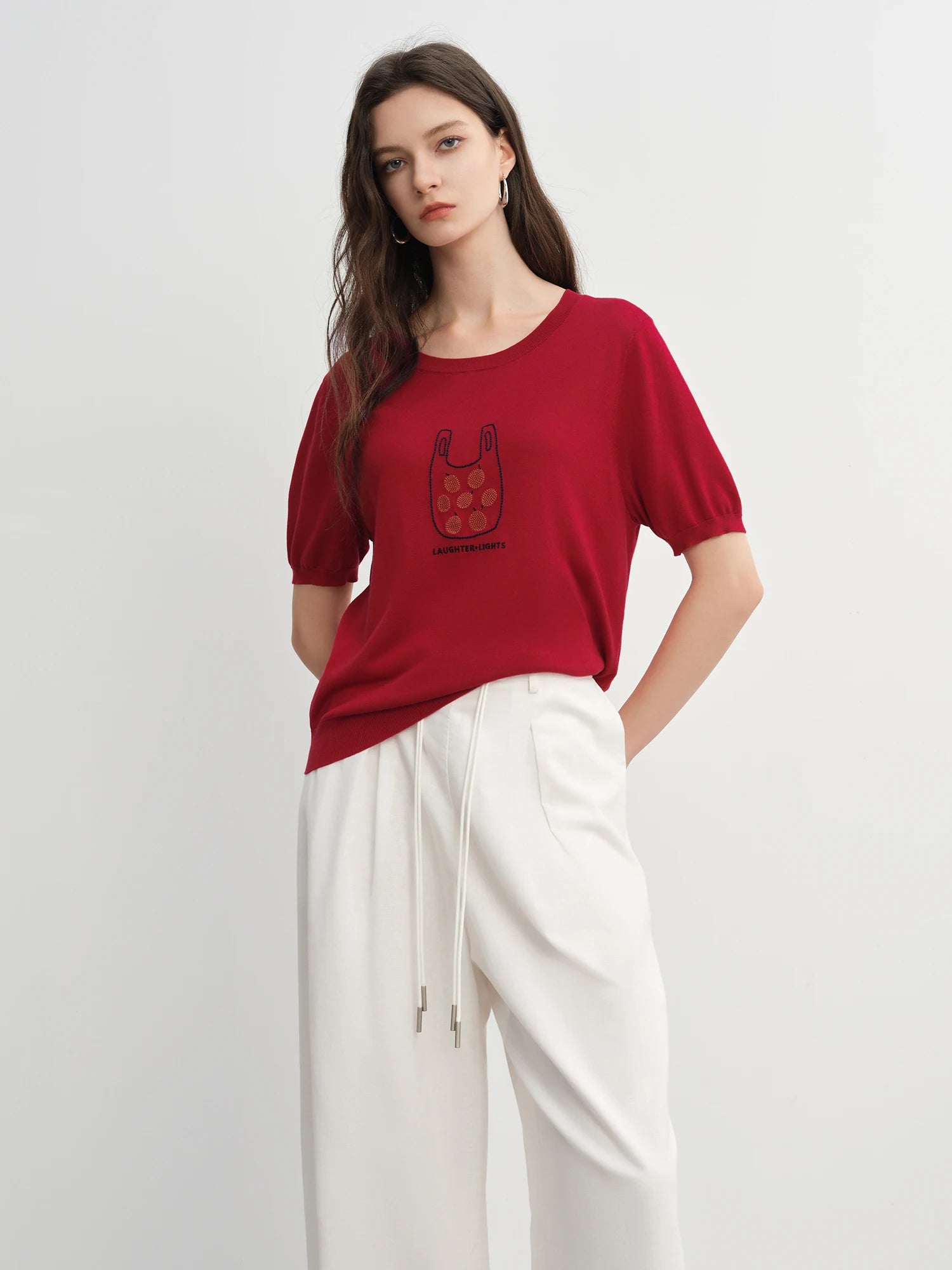 DUSHU Plus Size Women Top Lyocell T-shirt Summer 2025 New Arrival Fruit Embroidery Short-sleeved Knitted Sweater Top 25DS82856