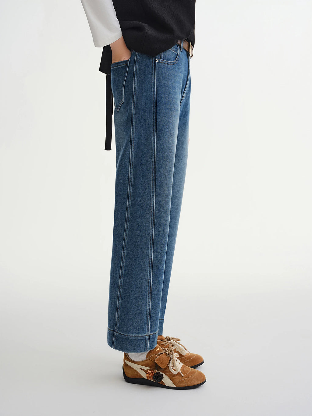 DUSHU 2025 Autumn Women's Brushed Fleece Straight Leg Cropped Jeans - Retro Relaxed Fit Casual Pants for Everyday Comfort