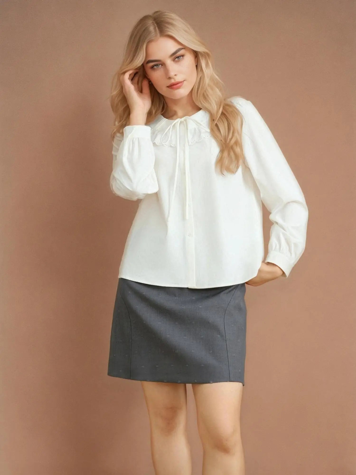DUSHU Office Lady Women's French Lace Up Doll Neck Shirt Loose H-shaped Versatile Casual Loose Women Top 25DS81226