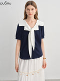 DUSHU Plus Size Women's Nautical Style Navy Collar Contrast Shirt 2025 Summer New Slim All-match Short-sleeved Top 25DS82363