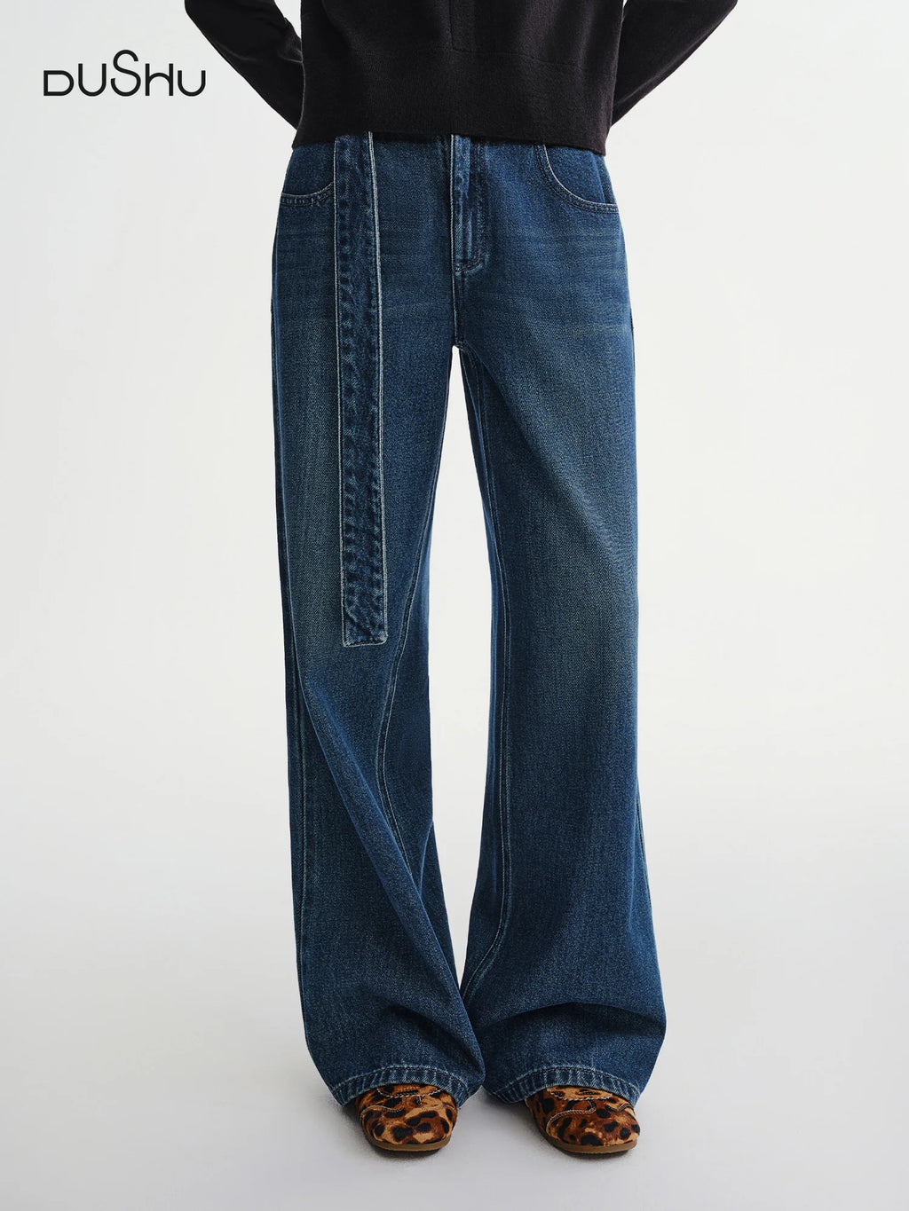 DUSHU Plus Size Women's Modern Denim Wide Leg Jeans 2025 Winter Fashion Belted High Waist Trousers with Casual Comfort Fit