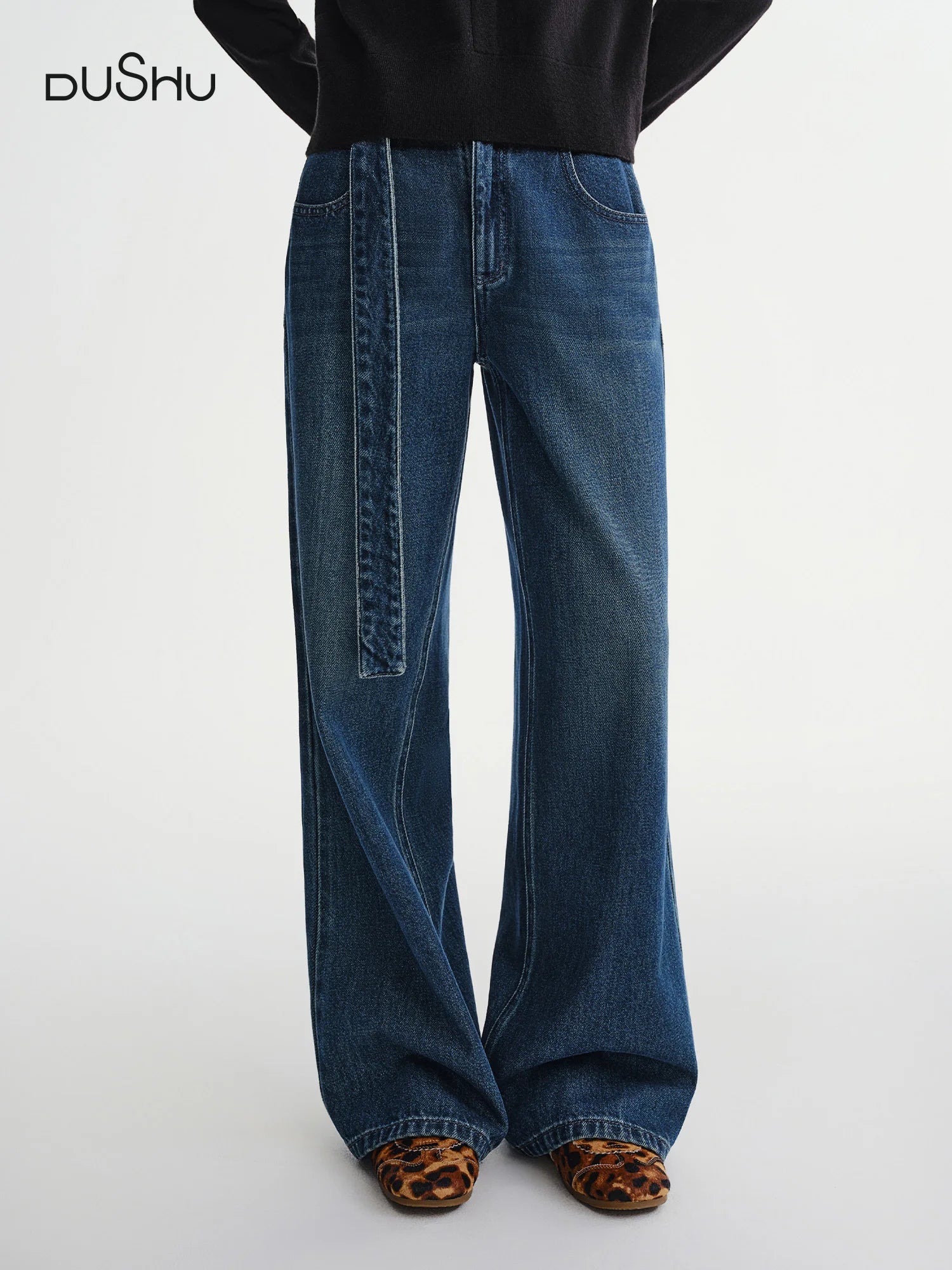 DUSHU Plus Size Women's Modern Denim Wide Leg Jeans 2025 Winter Fashion Belted High Waist Trousers with Casual Comfort Fit