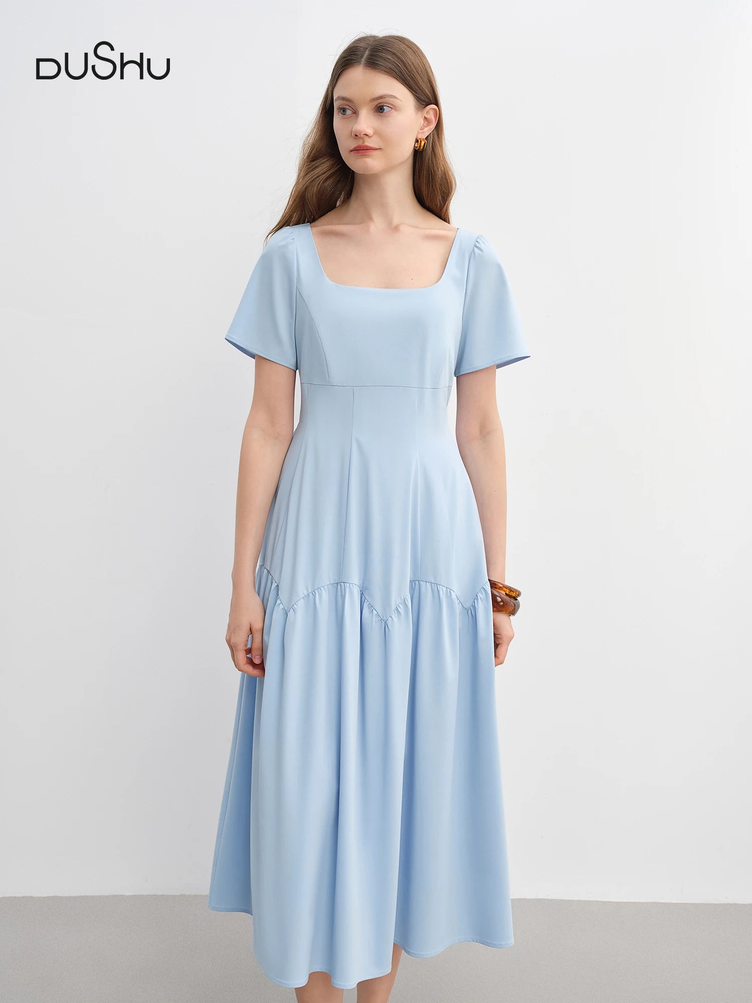 DUSHU Romantic Simple Dress 2025 Summer Dress Sky Blue Temperament Waist Slimming Dress 25DS82844