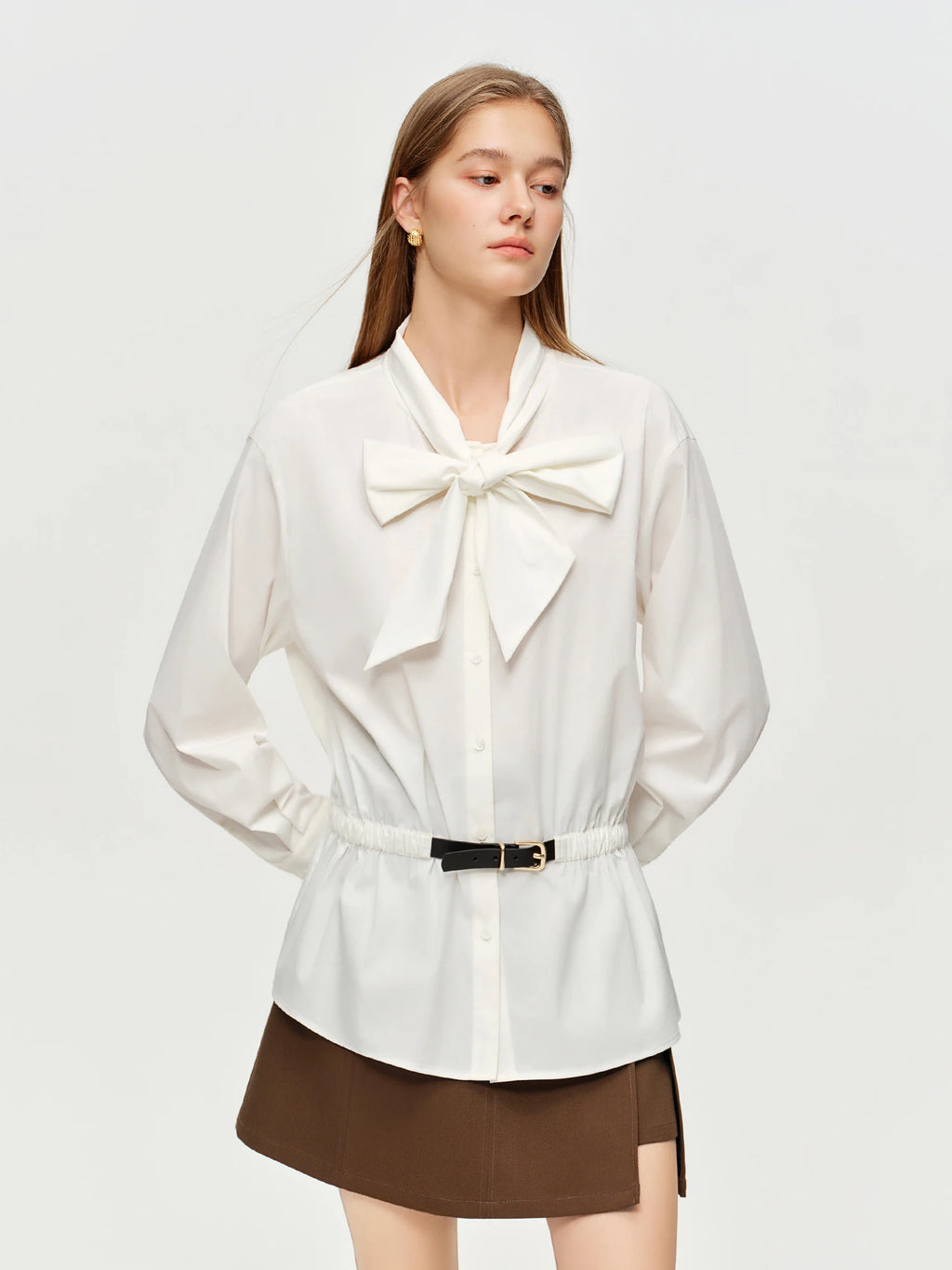DUSHU Soft Mist Gentle Breeze Women's Blouse Stylish Belted Waist-Cinching Tie-Front White Shirt 2026 Spring New Arrival Shirts