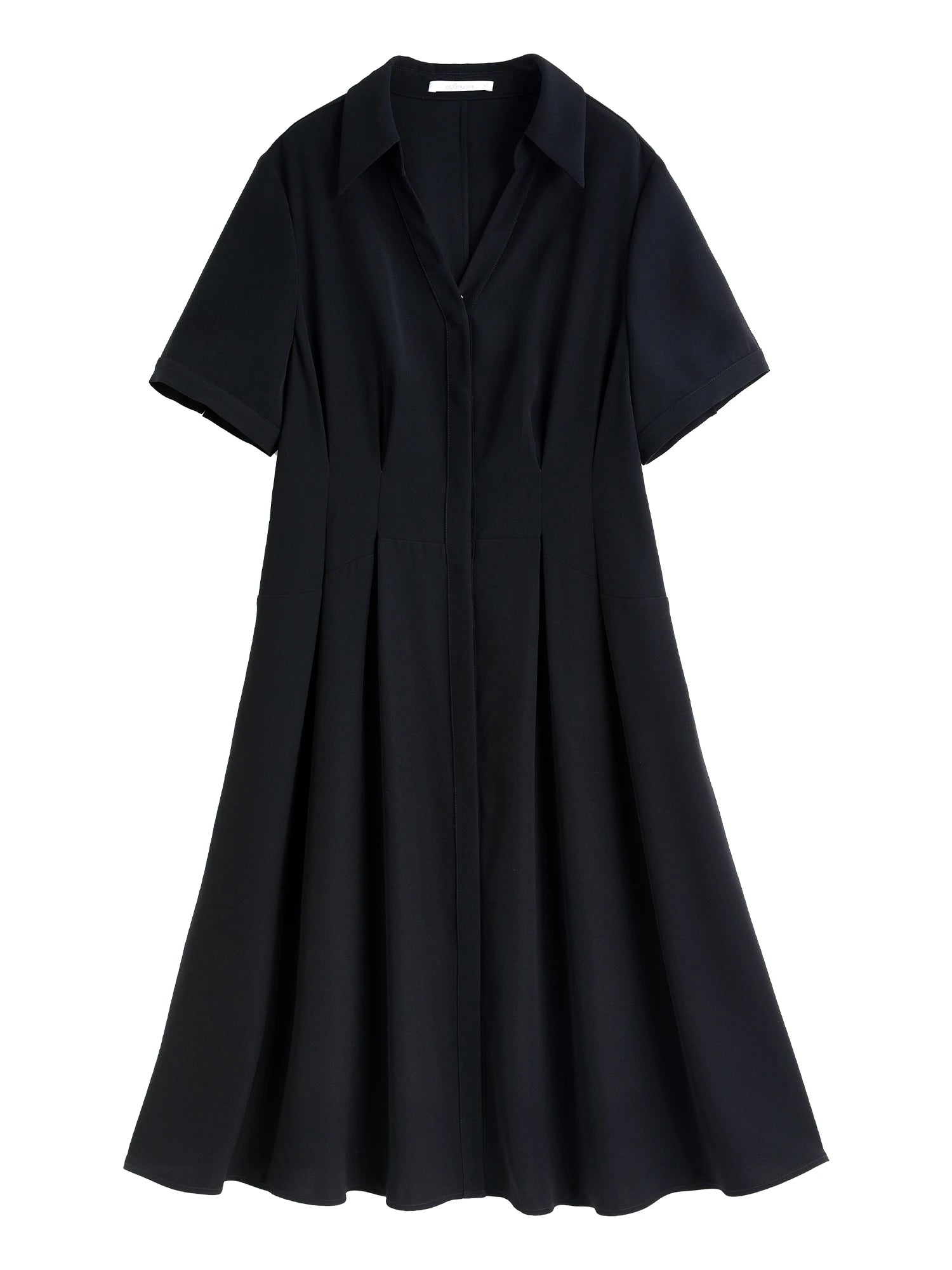 DUSHU【3 Colors】Women Turn-down Collar Shirt Dresses Pleated Design High Waist Commuter Long Dress Without Sashes 25DS82467