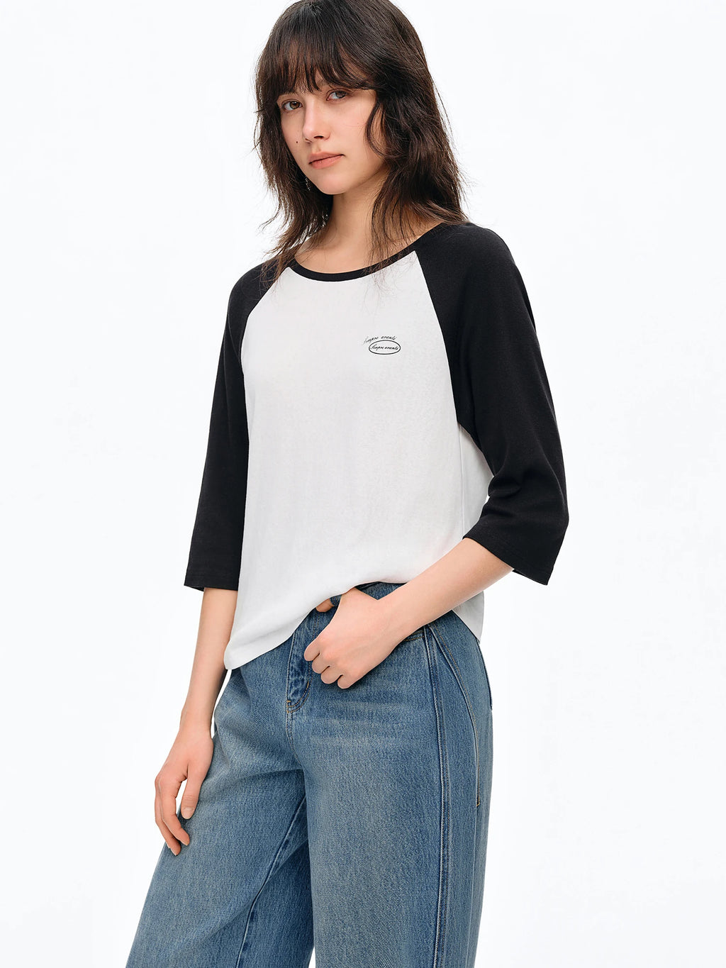 DUSHU 2026 Summer Women's Color Block Raglan Sleeve Three-Quarter T-Shirt - Casual Round Neck Top for Daily Wear and Summer