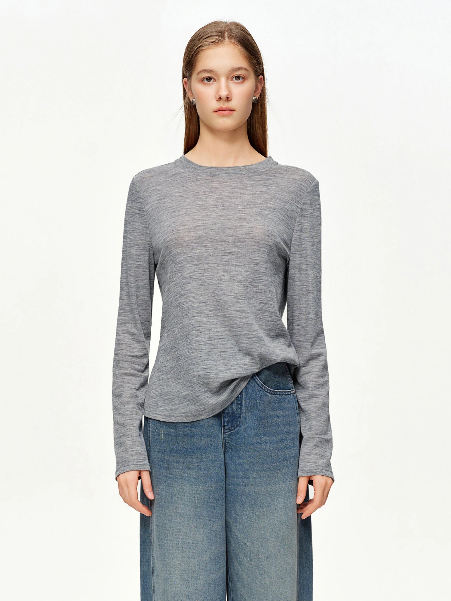 DUSHU Women's Green and Gray Contrasting Color Layered Two-Piece Knit T-Shirts Spring 2026 New Arrival Fashion Long Sleeves Tops