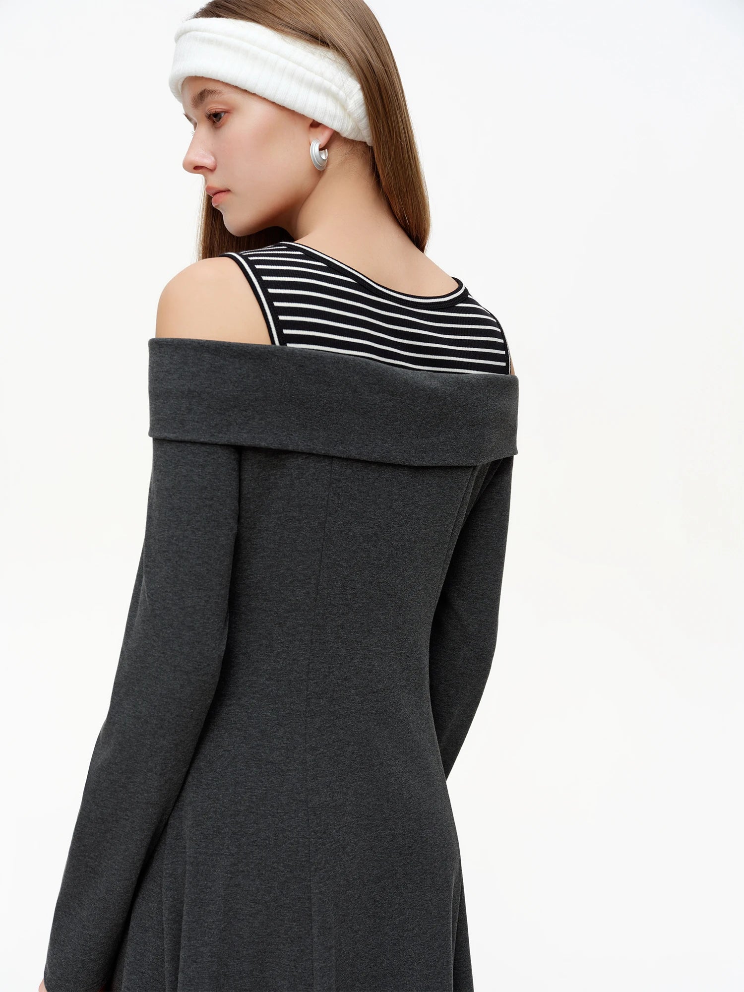 DUSHU Striped Patchwork Off-shoulder Dresses Women 2026 Spring Collection A-line Midi-length Sundress Daily Cozy Elegant BF
