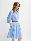 DUSHU Blue and White Striped Design Pleated Three-quarter Sleeve Waist Shirt Dress 2025 Autumn New Products 25DS83170
