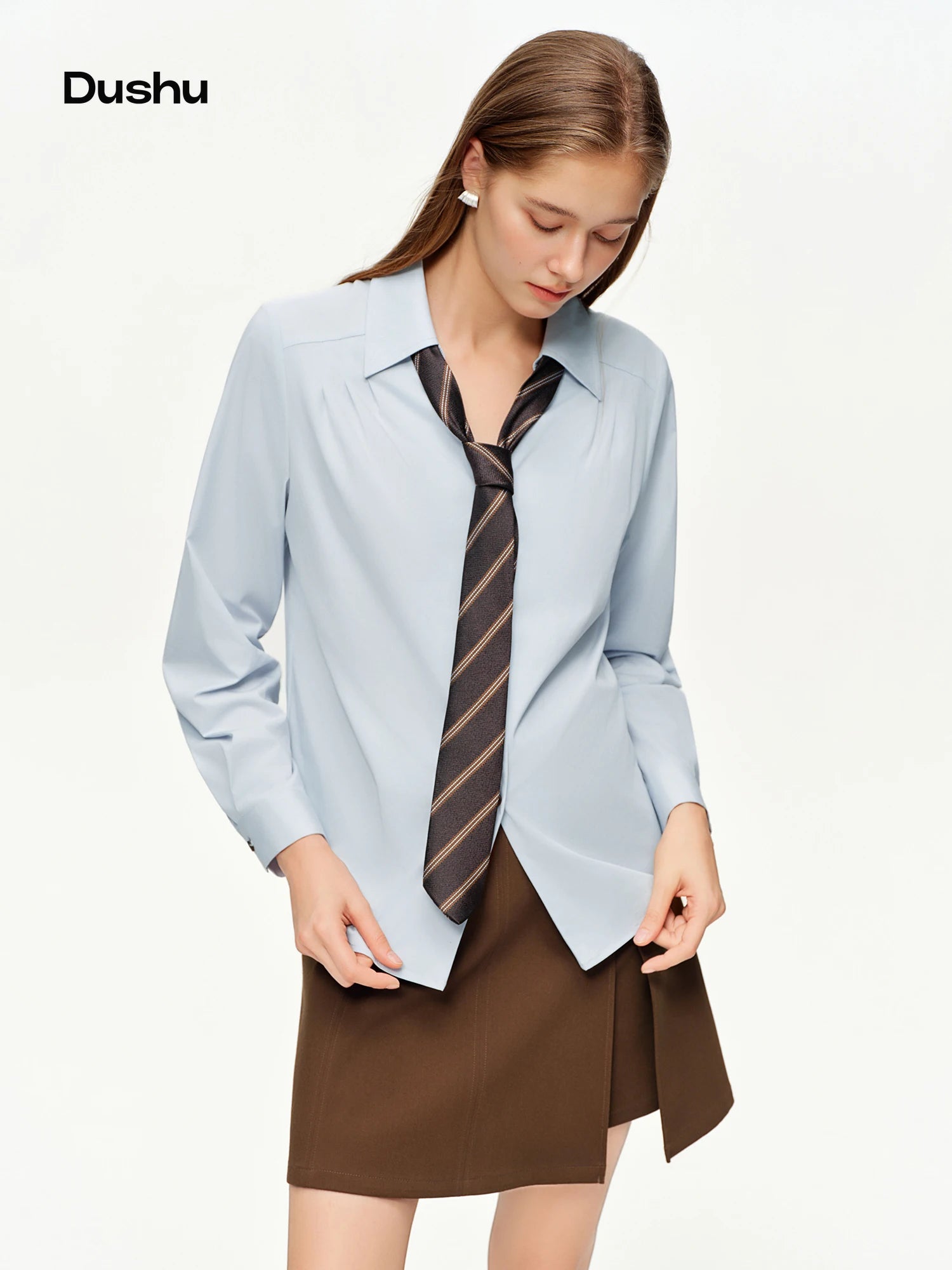 DUSHU 2026 Spring Women's Korean Style Loose Fit Long Sleeve Shirt - Academic Campus Casual Blouse with Comfortable Cotton