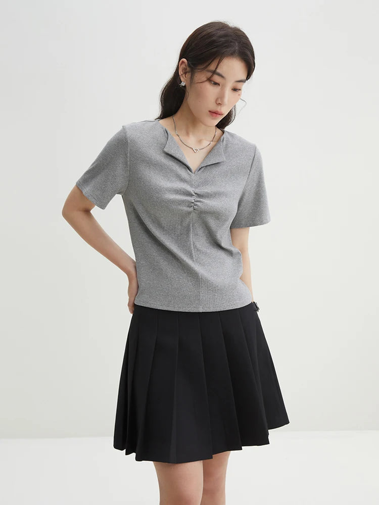 DUSHU【2 Colors】Women Simple Pleated Lapel Short-sleeved T-shirts Summer Front Shoulder Thin Knitted Grey Tees 24DS82113