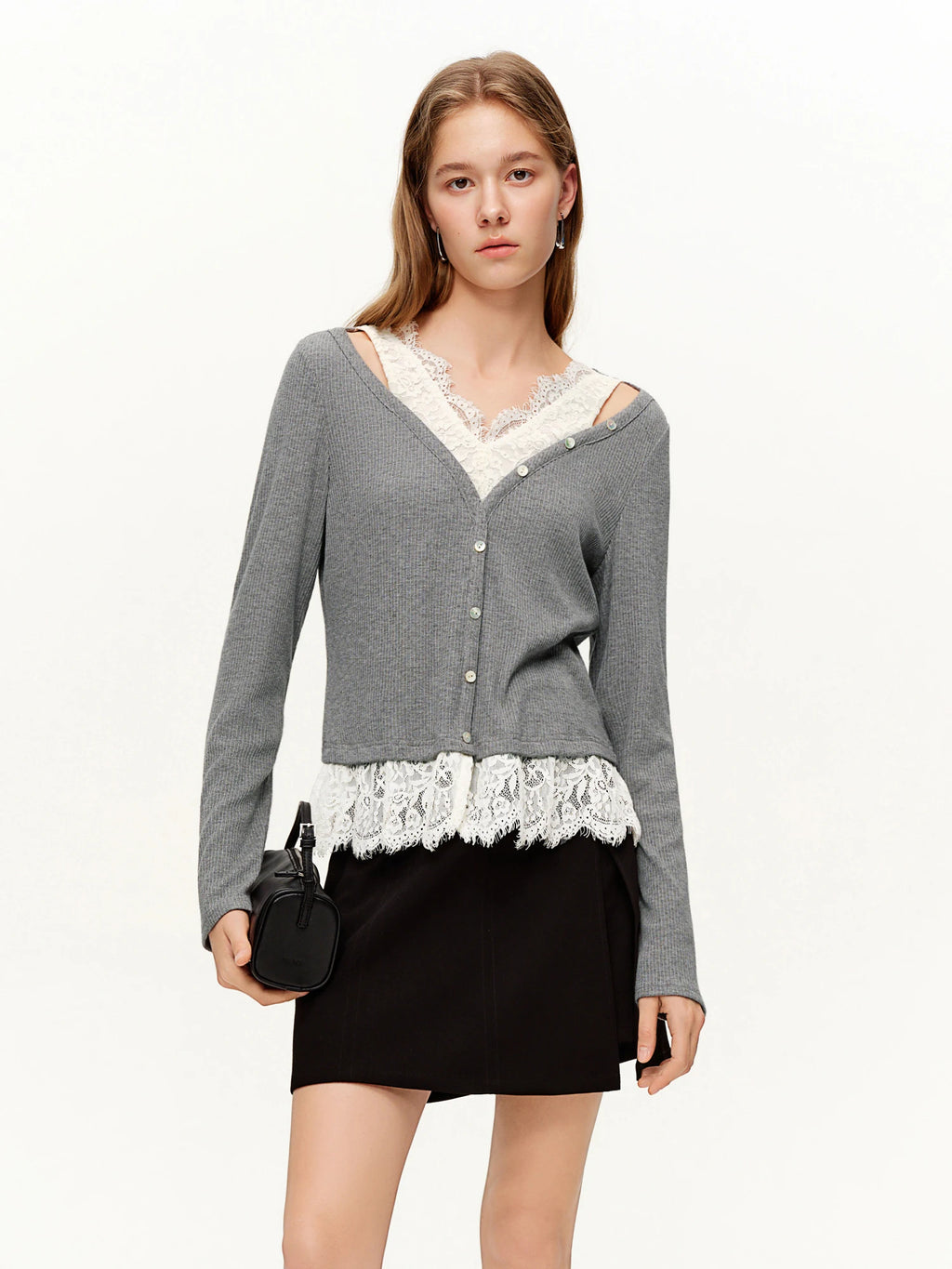 DUSHU Women's Stylish Two-Piece Style Soft Lace Detailing T-Shirt Spring 2026 New Arrival Long Sleeves Tops Light Grey T-Shirts