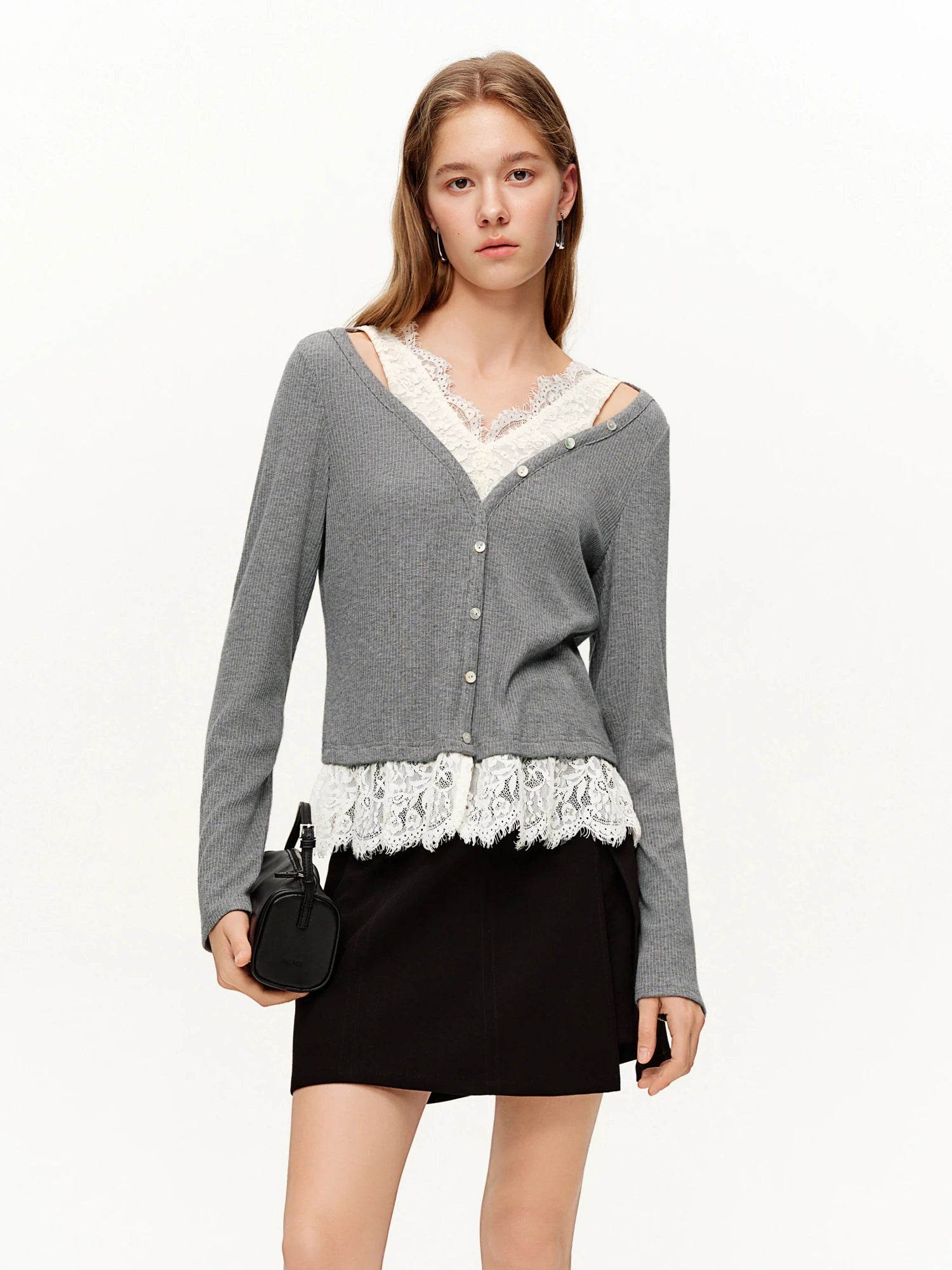 DUSHU Women's Stylish Two-Piece Style Soft Lace Detailing T-Shirt Spring 2026 New Arrival Long Sleeves Tops Light Grey T-Shirts