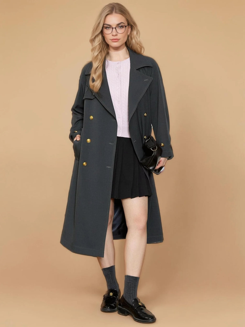 DUSHU Plus Size Women's Casual Double Breasted Trench 2025 Spring New Product Fashionable Long Casua Loose Trench 25DS81200