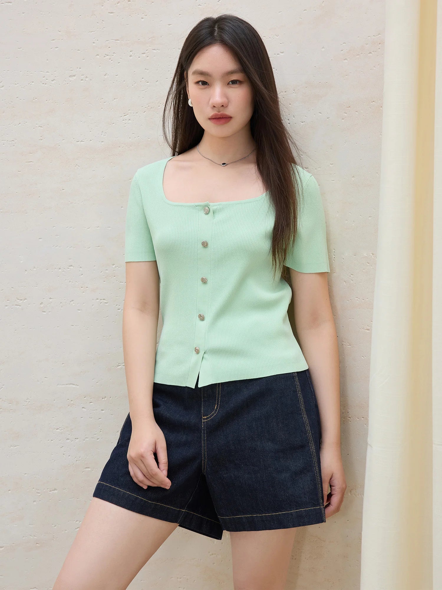 DUSHU Commuting Temperament Knitted Short-sleeved Women 2025 Summer New Style Skin-friendly Comfortable Versatile Tops 25DS82040