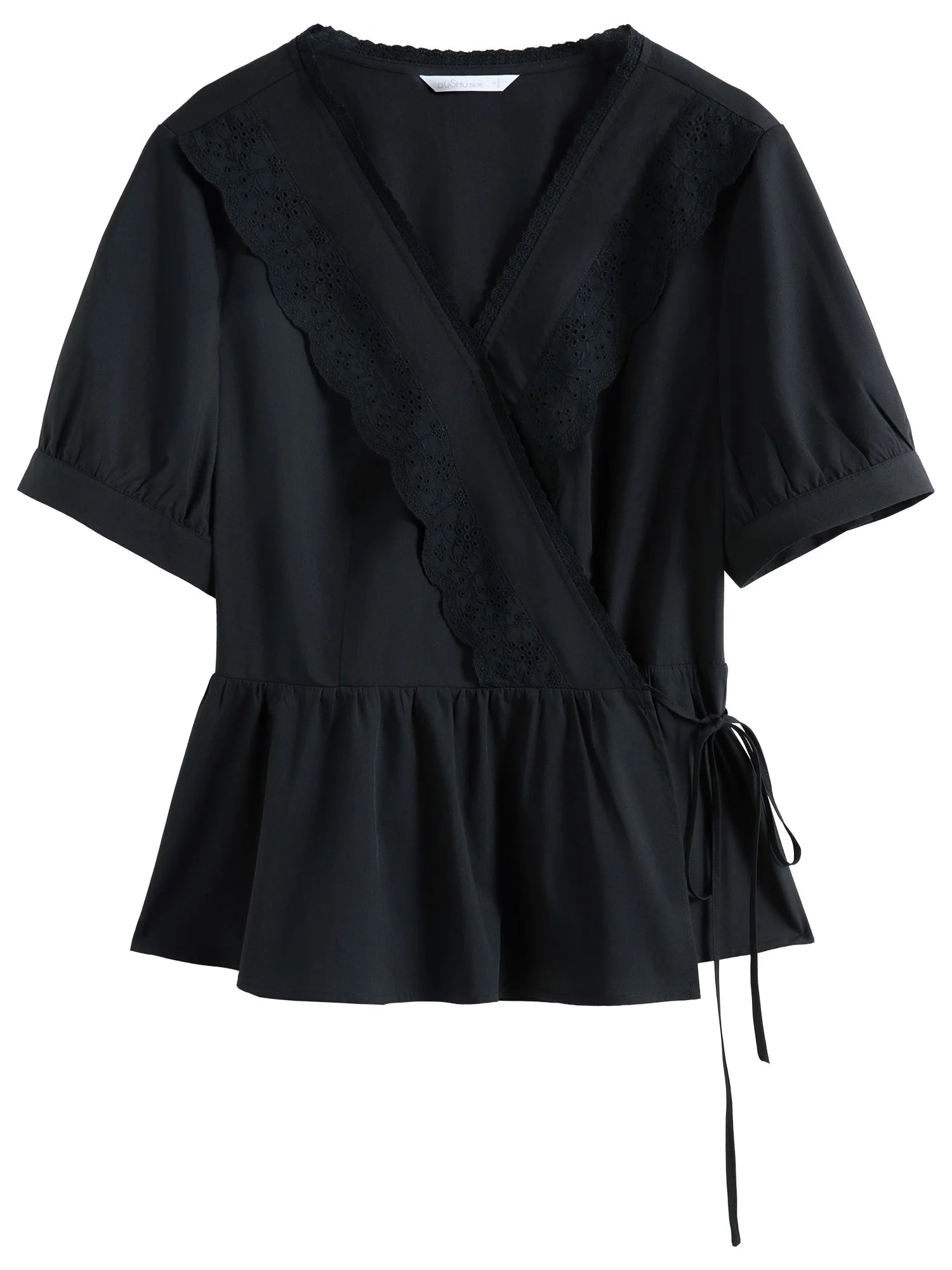DUSHU Minimalist Style Black White Wrap-around Stitching Blouse Short-sleeved T-shirt 2025 Summer Sweet Elegant Top 25DS82112