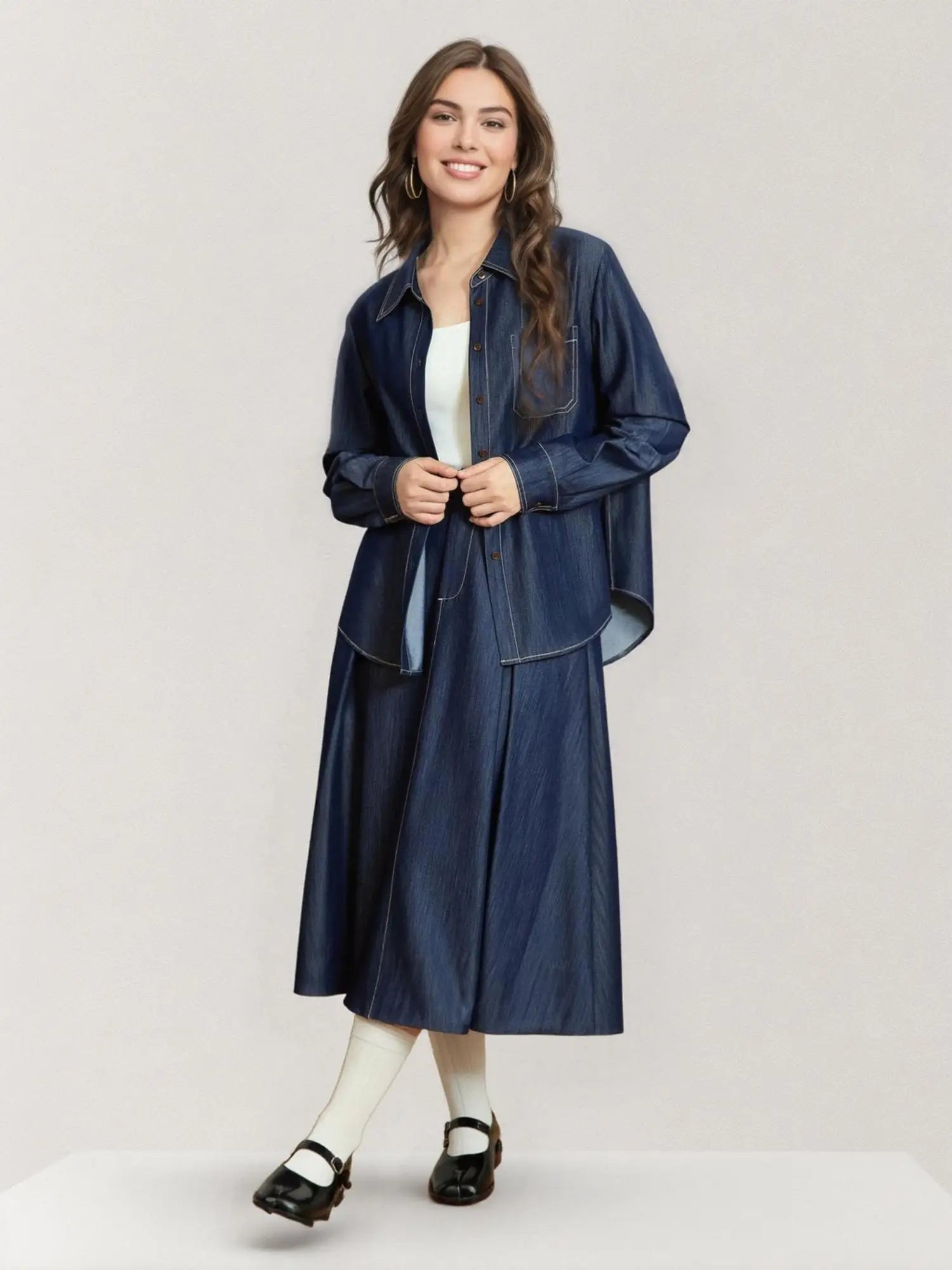 DUSHU Imitation Denim Fashion Suit Women 2025 Spring Summer New Holiday Season Shirt Skirt Versatile Casual Minimalist Outfit