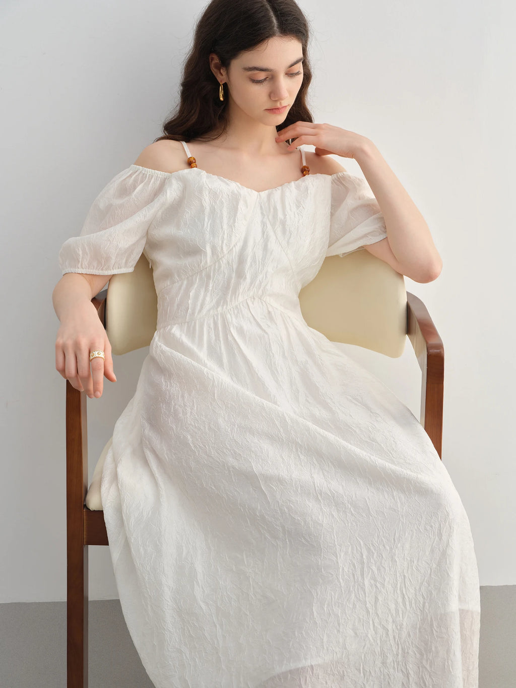 DUSHU 2025 Summer Plus-Size French-Inspired Textured Dress - Elegant Puff Sleeves & Breathable Acetate Blend 25DS82300
