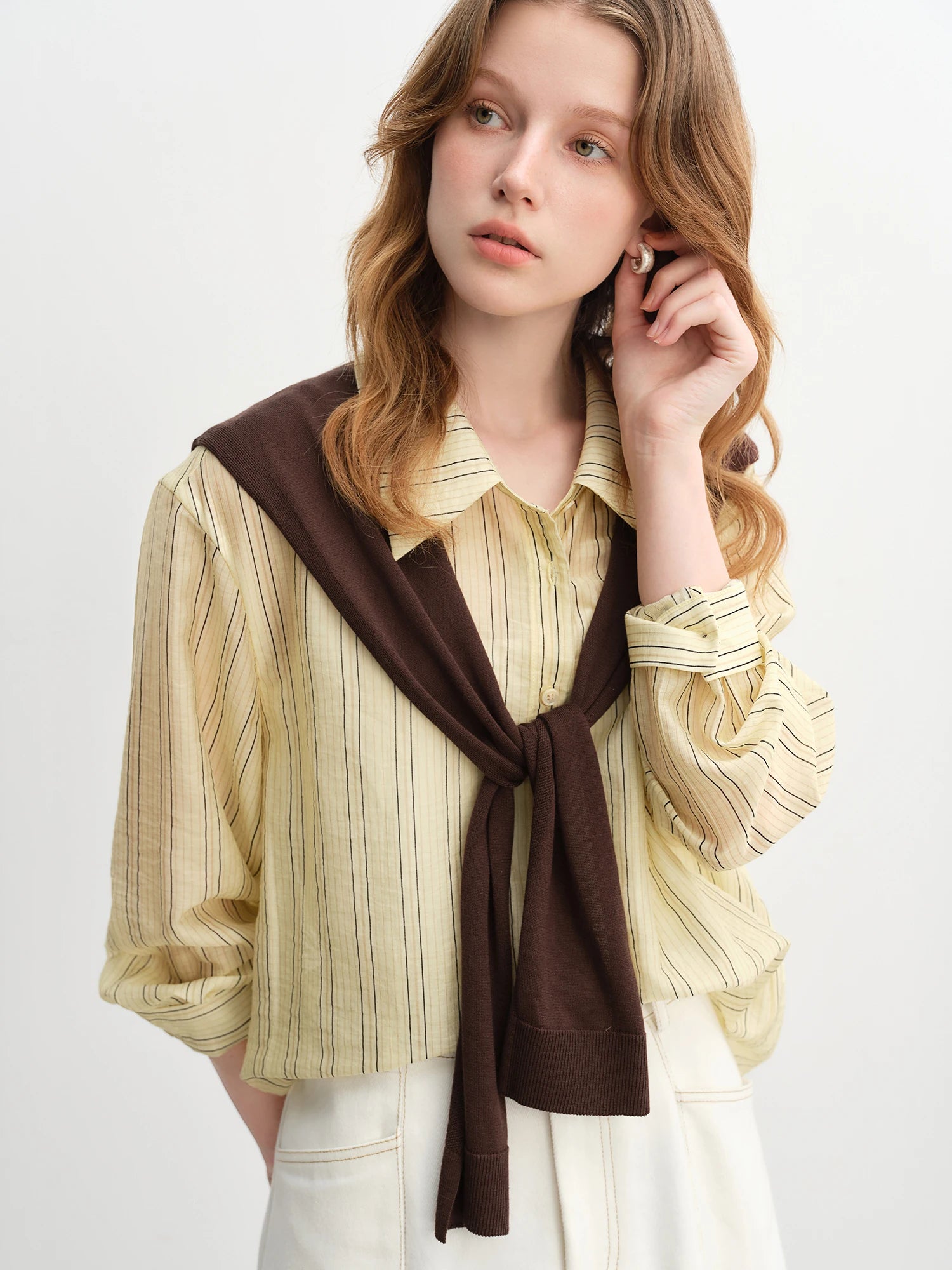 DUSHU Plus-Size Women's Knit Shawl Lightweight Blouse 2025 Autumn New Arrival Casual Long-Sleeve Shirt 25DS83241