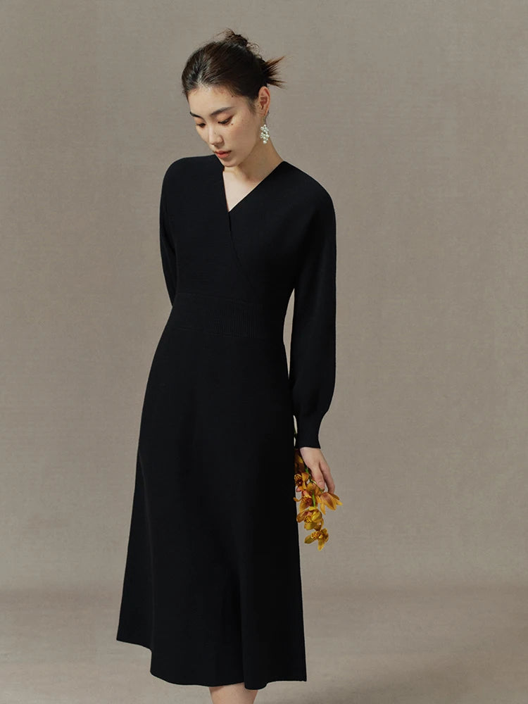 DUSHU Office Lady Women's Hepburn Style Style V-Neck Knitted Dress Autumn Winter New Slim Black Dress For Women High Waist