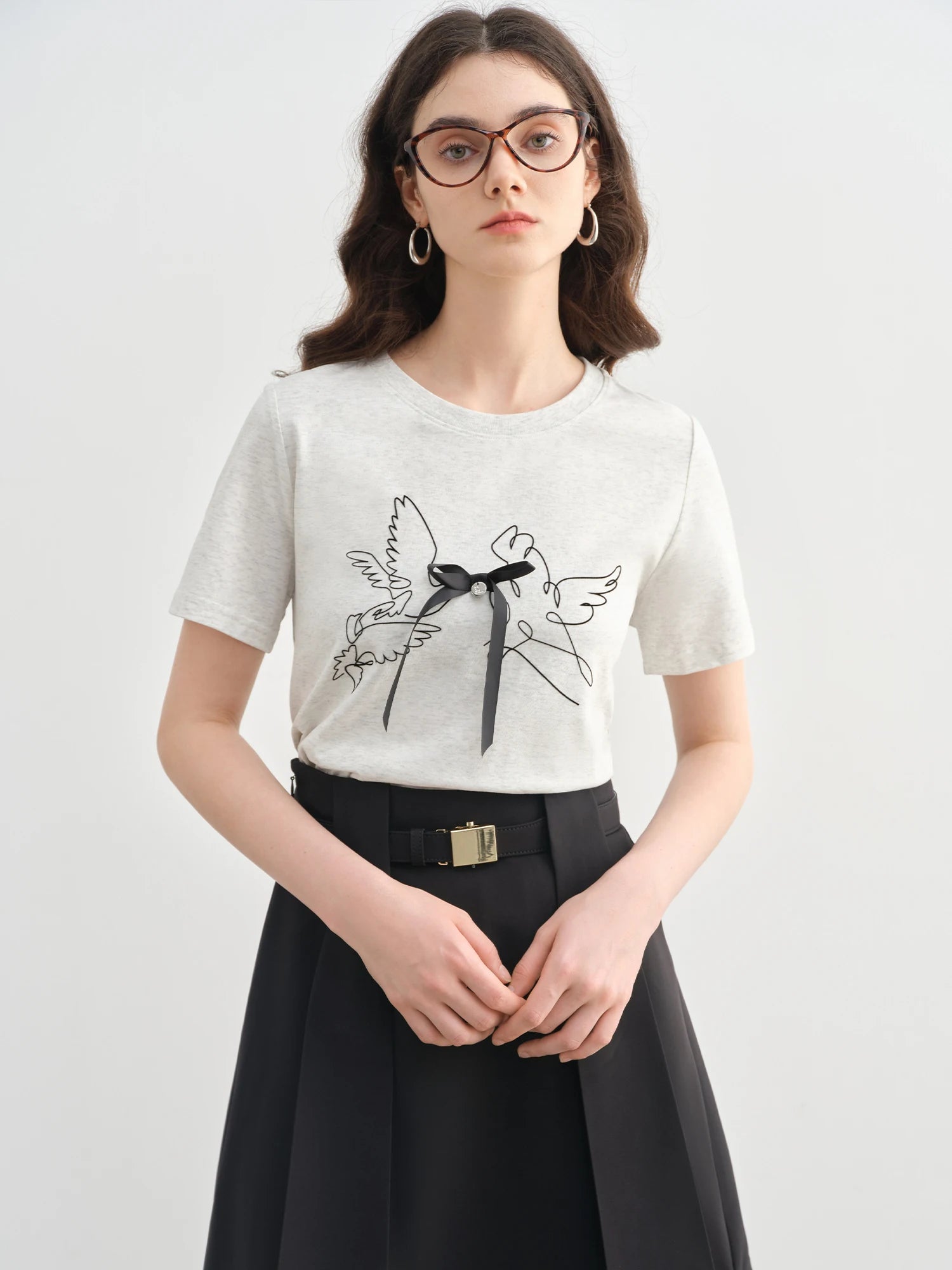 DUSHU Plus-Size Women's Abstract Bird Design 3D Bow Print T-Shirt - 2025 Summer New Arrival, Commuter Short Sleeve 25DS82270