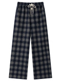 DUSHU 2025 Autumn Winter Women's Plaid Casual Trousers - Loose Fit with Drawstring Waist Retro Style for Everyday Comfort