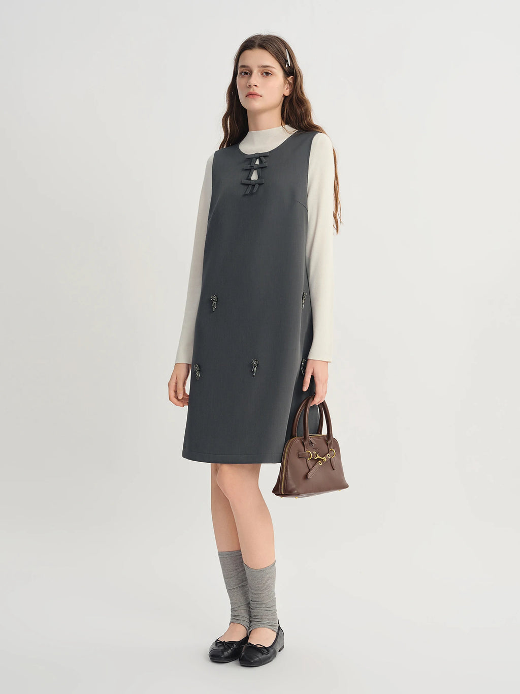 DUSHU Autumn 2025 Women's Embellished Beaded Tank Dress - Bow Accent Layering Staple Versatile Fall Piece Heavy Craft Detailing