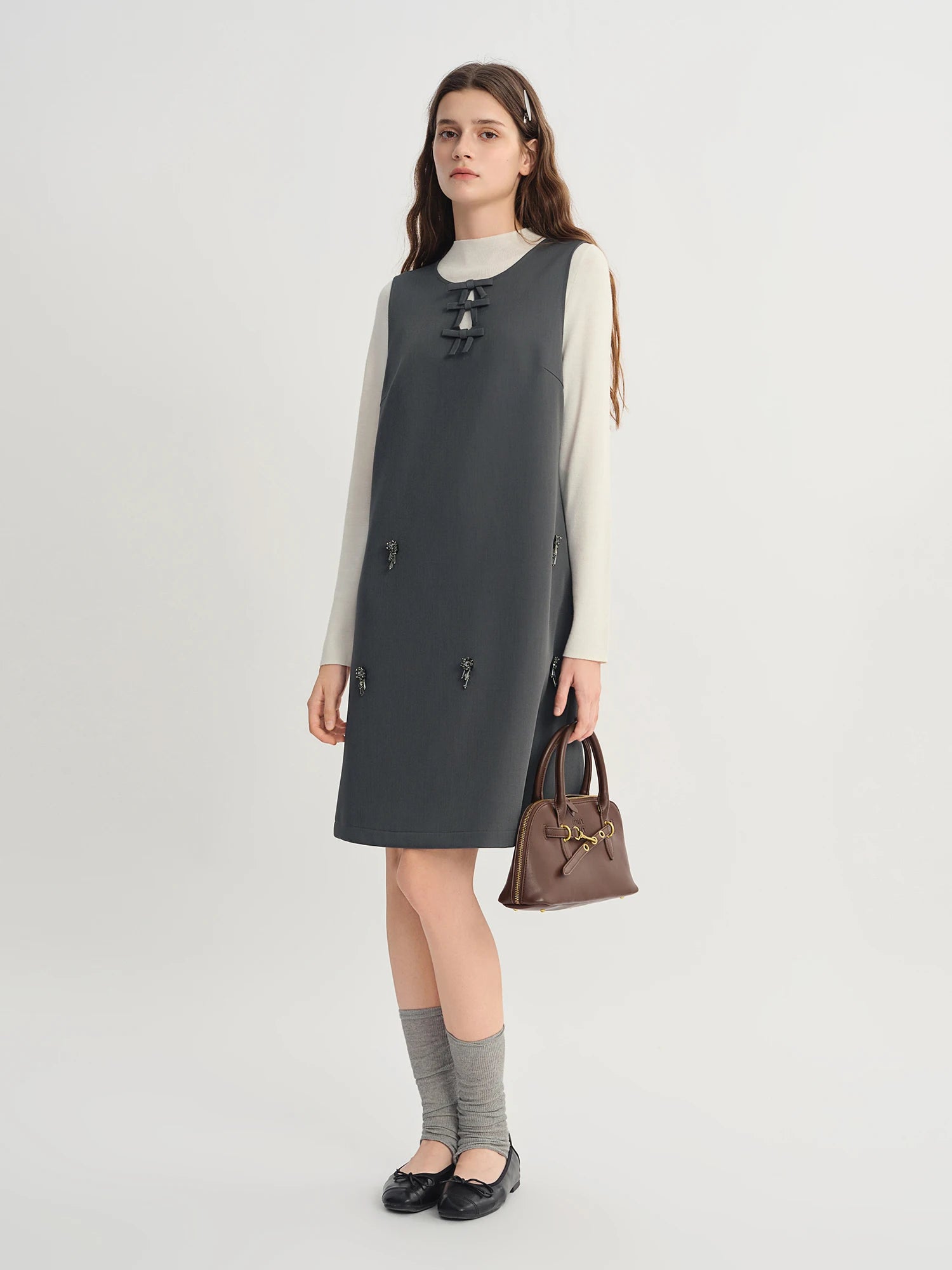 DUSHU Autumn 2025 Women's Embellished Beaded Tank Dress - Bow Accent Layering Staple Versatile Fall Piece Heavy Craft Detailing
