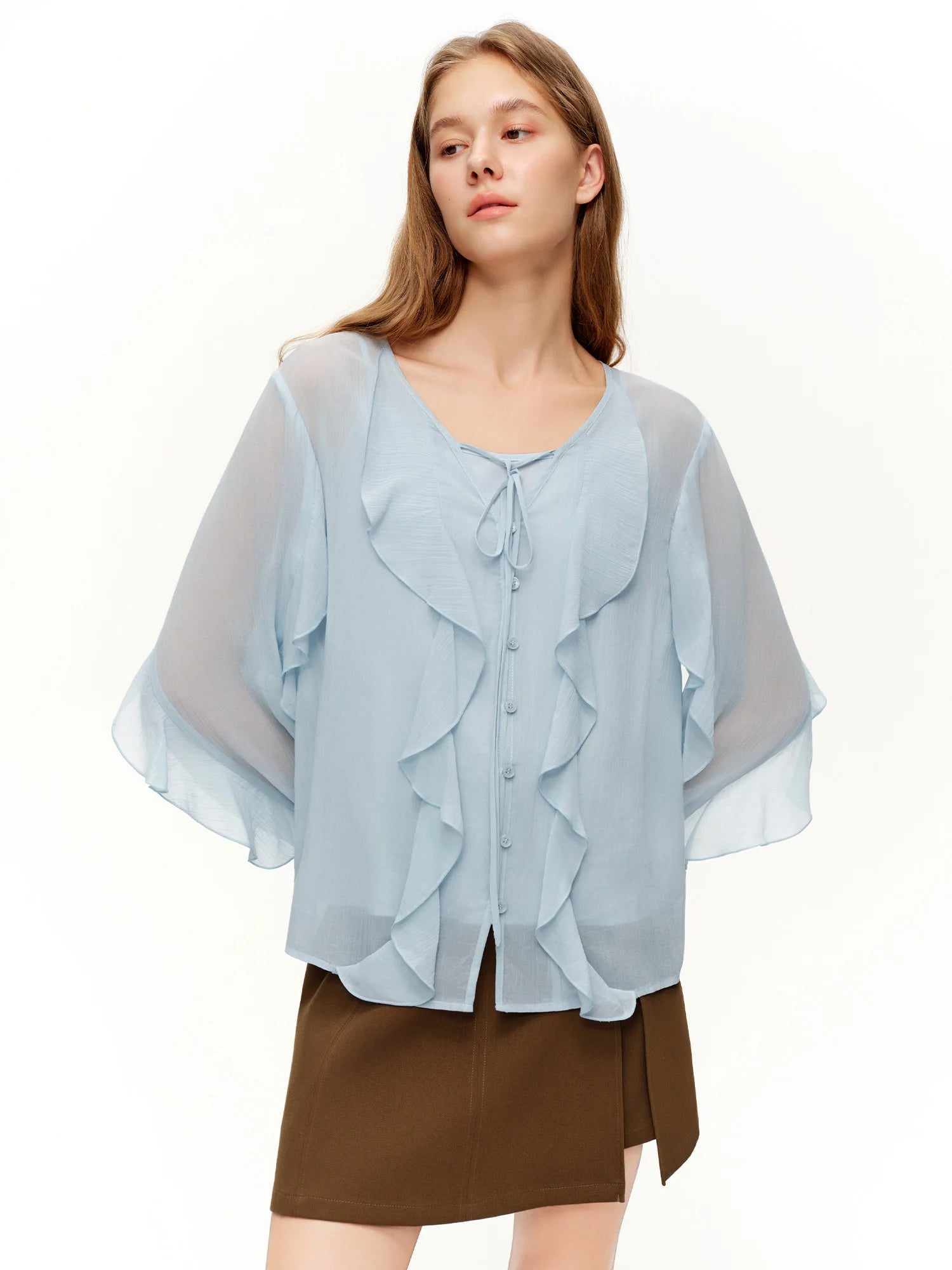 DUSHU 2026 Spring Women's Flounce Trim Blouse V-Neck Design - Elegant Flowy Chiffon Top for Office Commute and Casual Wear