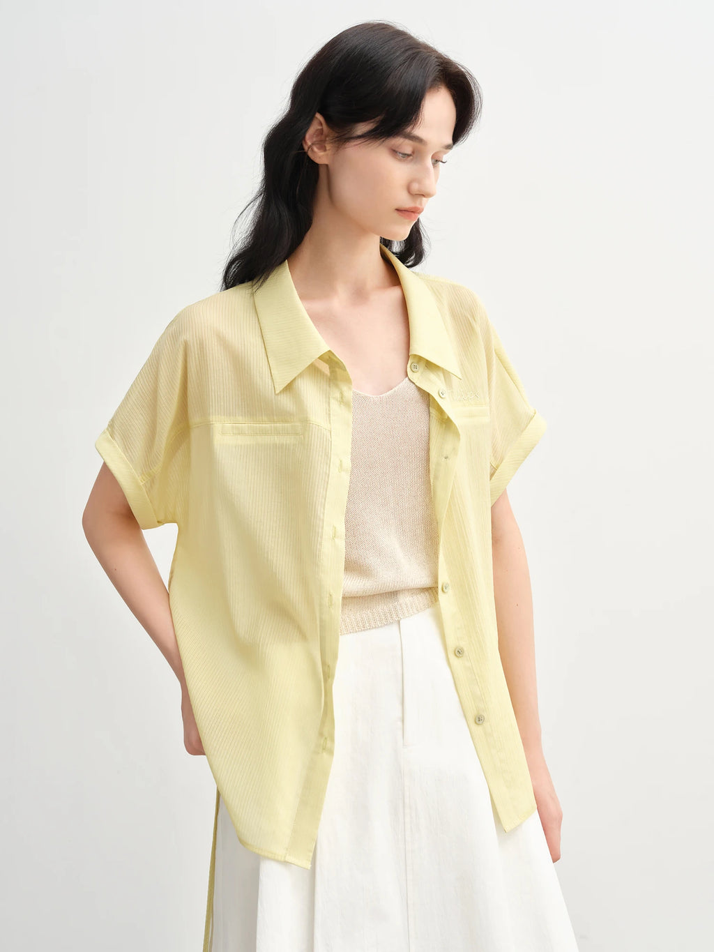 DUSHU Summer Women Curve-Flattering Lyocell Shirt - Adjustable Drawstring & Breathable Design for Effortless Office-to-Outing
