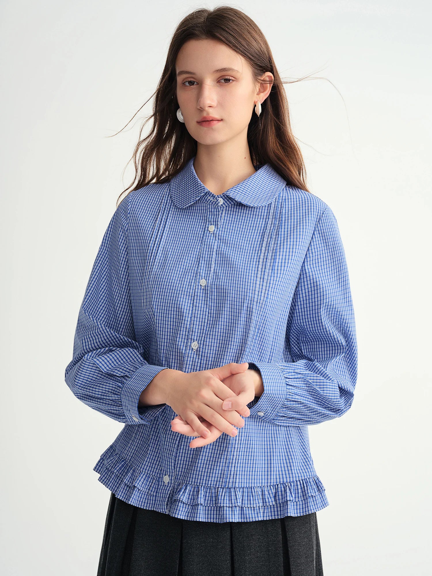 DUSHU Plus-size Women Clothing 【Sweet Tea Girl】 Striped Gathered Wooden Ear neckline and hem Babydoll Dress 2025 Winter Shirt
