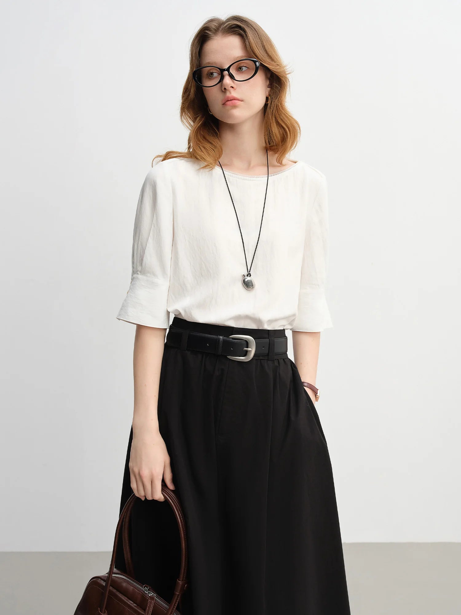 DUSHU One-shoulder commuter shirt 2025 autumn new simple loose split three-quarter sleeve top 25DS83195