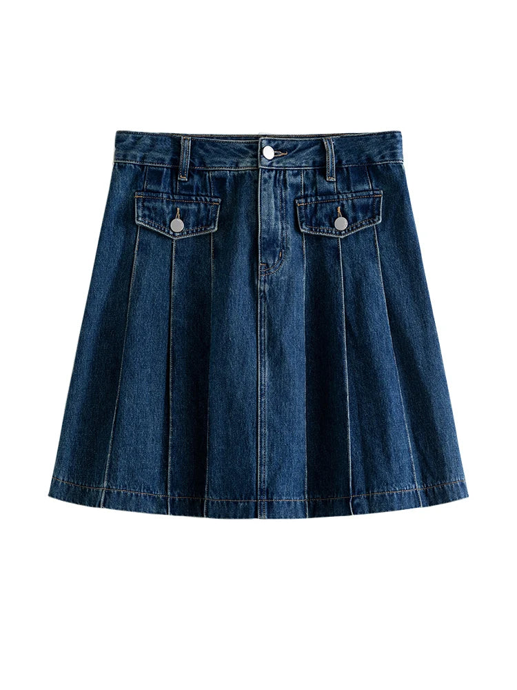 DUSHU Retro American Style Pleated Split High Waist Denim Skirt for Women Summer New Design A-Line Umbrella Skirt Female